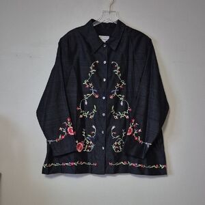 Vintage Tanjay Silk Boho Floral Embroidered Button Down Top, Size 3X